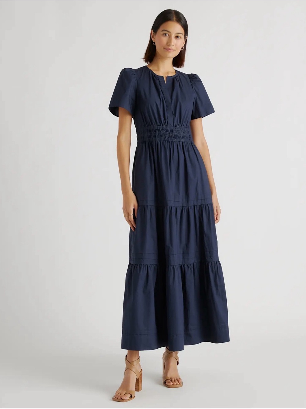 Quince Womens Medium 100% Organic Cotton Poplin Tiered Maxi Dress Navy